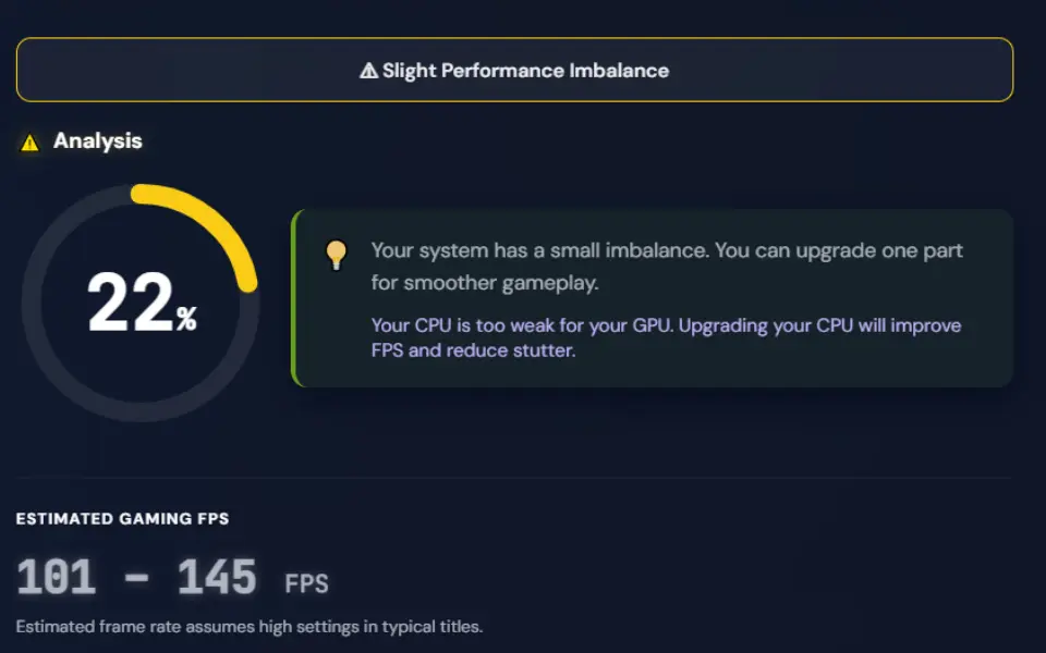 PC Bottleneck Checker result showing 22 percent CPU bottleneck, slight performance imbalance, estimated gaming FPS, and CPU upgrade recommendation