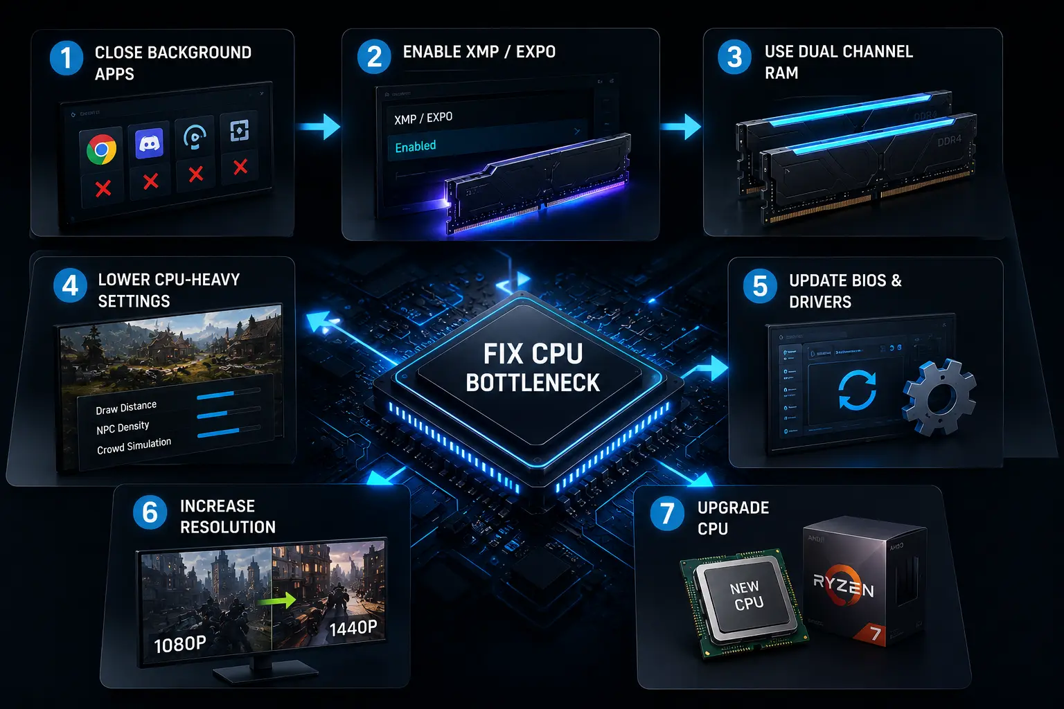 How to fix a CPU bottleneck by closing background apps, enabling XMP, using dual-channel RAM, updating BIOS, optimizing game settings, and upgrading the CPU