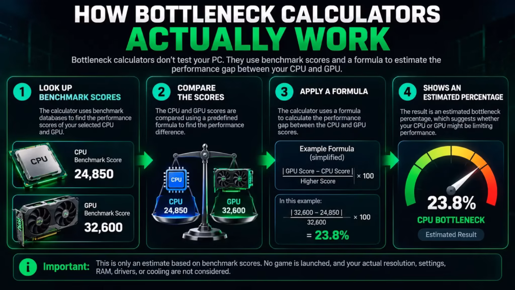 How a bottleneck calculator compares CPU and GPU benchmark scores to estimate performance imbalance